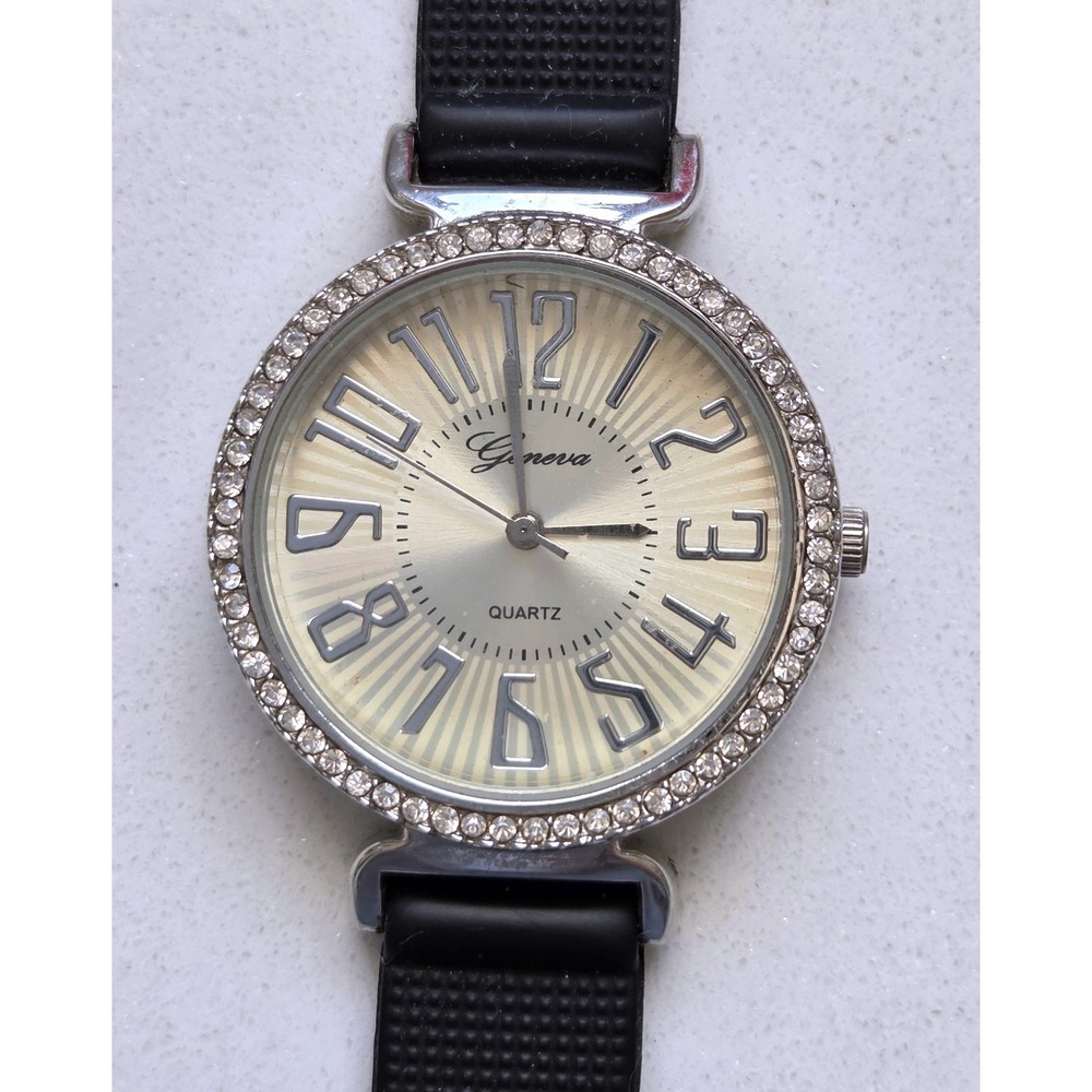 Geneva Quartz Watch ZC-1257 Rhinestone Bezel Black Silicone Strap Silver Tone